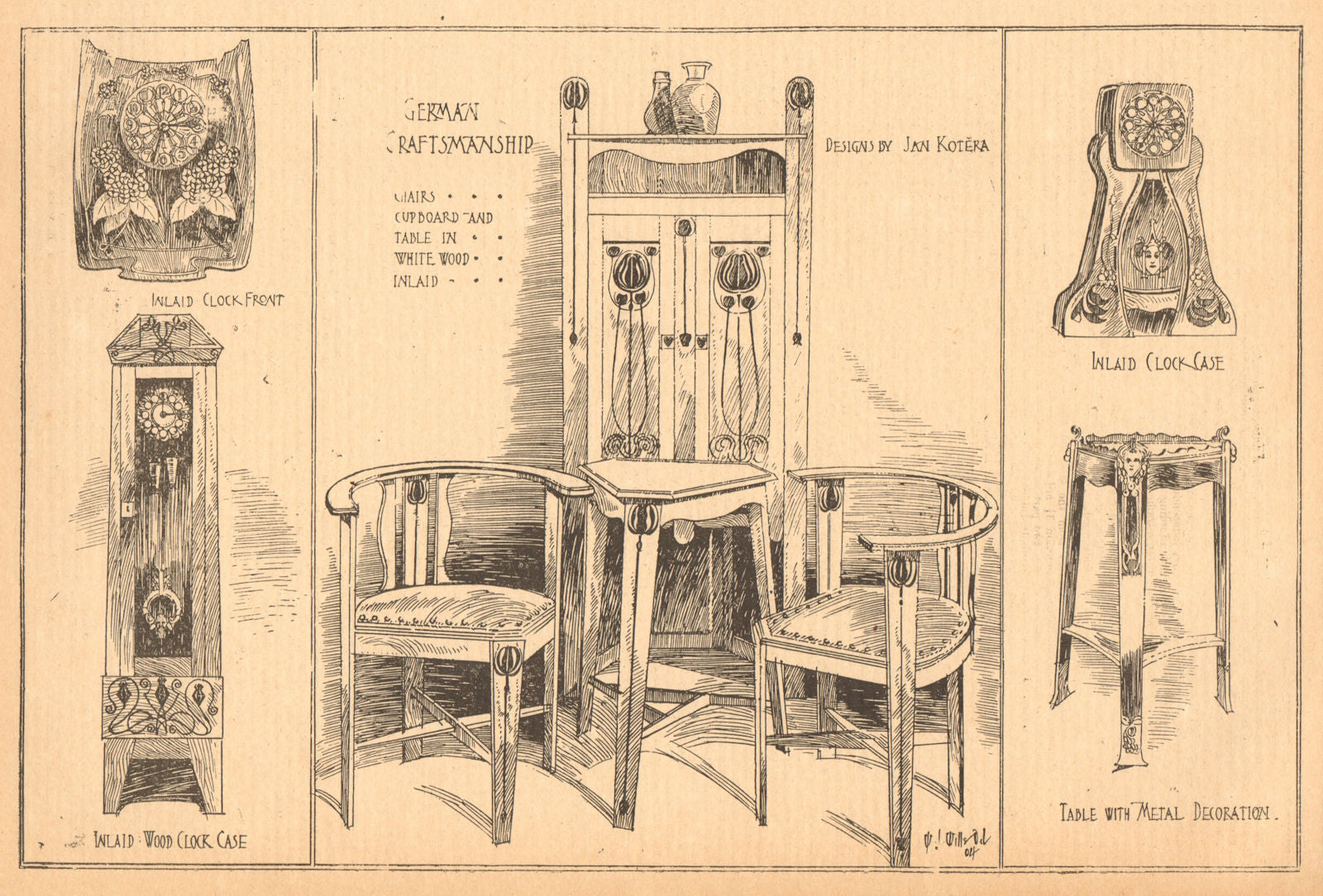 German Furniture. Clock chair cupboard table. Jan Kotera. Czechia 1904 print